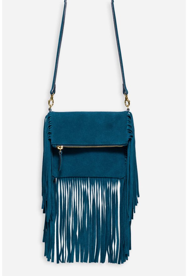 TEAL ITALIAN SUEDE FOLDOVER FRINGE CROSSBODY