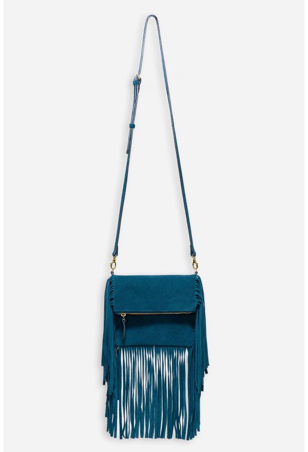 TEAL ITALIAN SUEDE FOLDOVER FRINGE CROSSBODY - Image 4