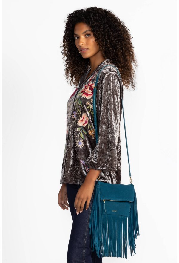 TEAL ITALIAN SUEDE FOLDOVER FRINGE CROSSBODY - Image 5