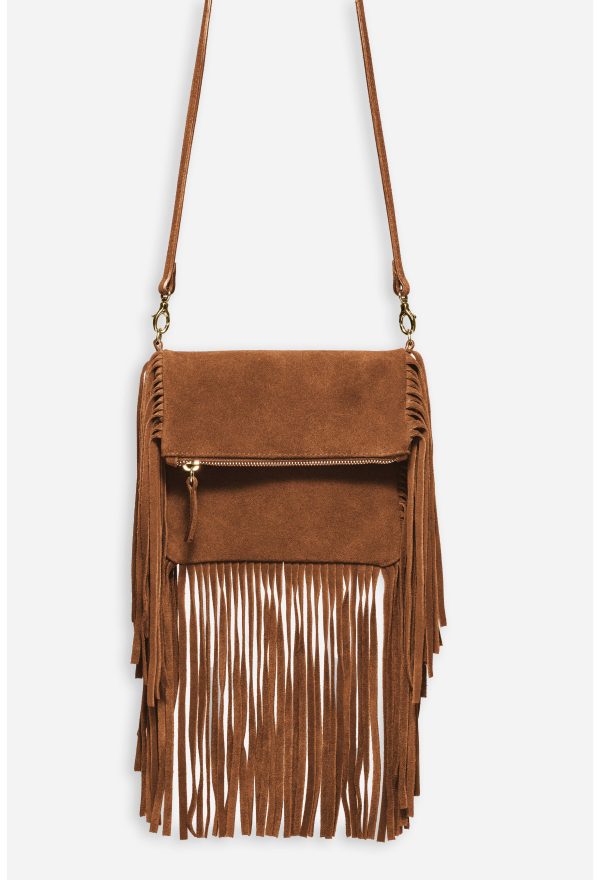 COGNAC ITALIAN SUEDE FOLDOVER FRINGE CROSSBODY