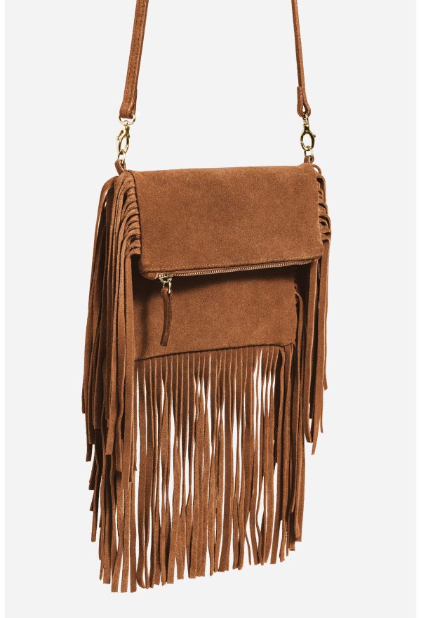 COGNAC ITALIAN SUEDE FOLDOVER FRINGE CROSSBODY - Image 2