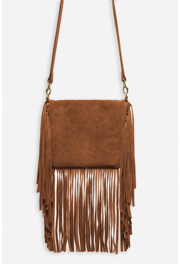 COGNAC ITALIAN SUEDE FOLDOVER FRINGE CROSSBODY - Image 3