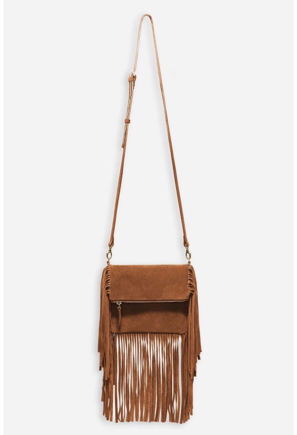 COGNAC ITALIAN SUEDE FOLDOVER FRINGE CROSSBODY - Image 4