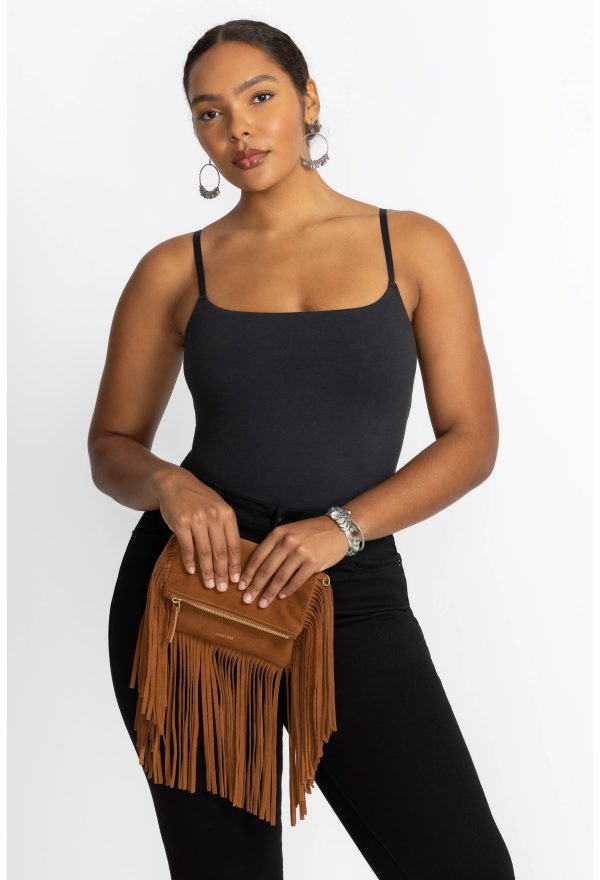 COGNAC ITALIAN SUEDE FOLDOVER FRINGE CROSSBODY - Image 5