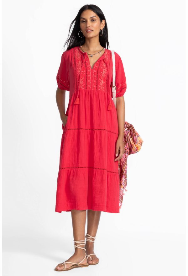 PUFF SLEEVE TIE NECK MIDI DRESS